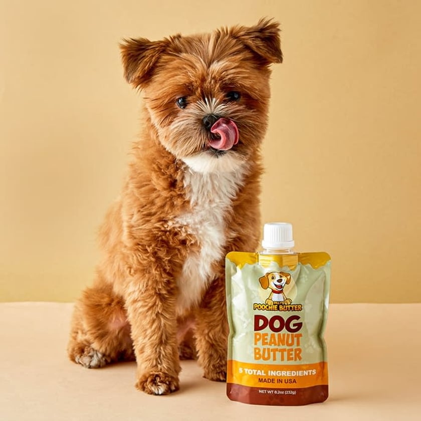 Friendly Whiskers presents Dilly's poochie butter. 8.2oz Doggie goodness Peanut Butter Squeeze Packs.