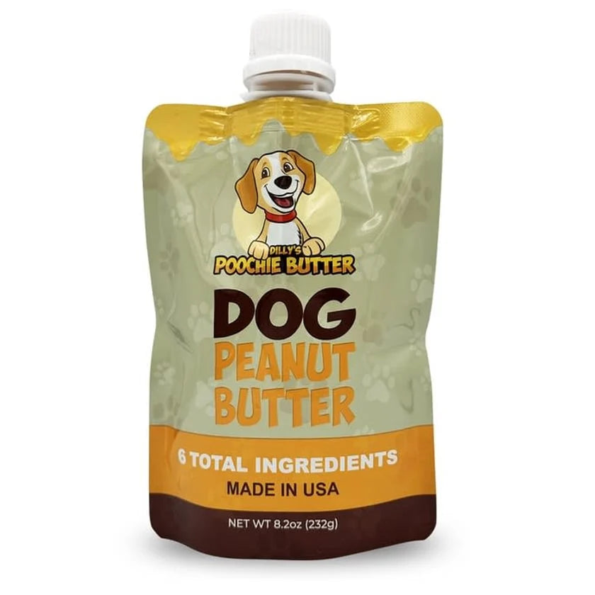 Friendly Whiskers presents Dilly's poochie butter.  8.2oz Doggie goodness Peanut Butter Squeeze Packs.